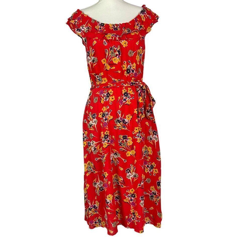 Anthropologie Conversations Floral Print Red Midi Dress, size 6, pockets